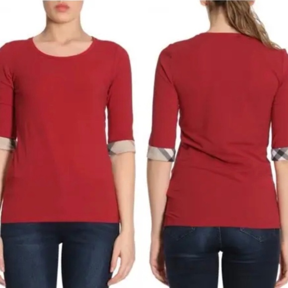 Burberry Brit Scoop Neck Tee With Check Cuffs - Picture 13 of 16